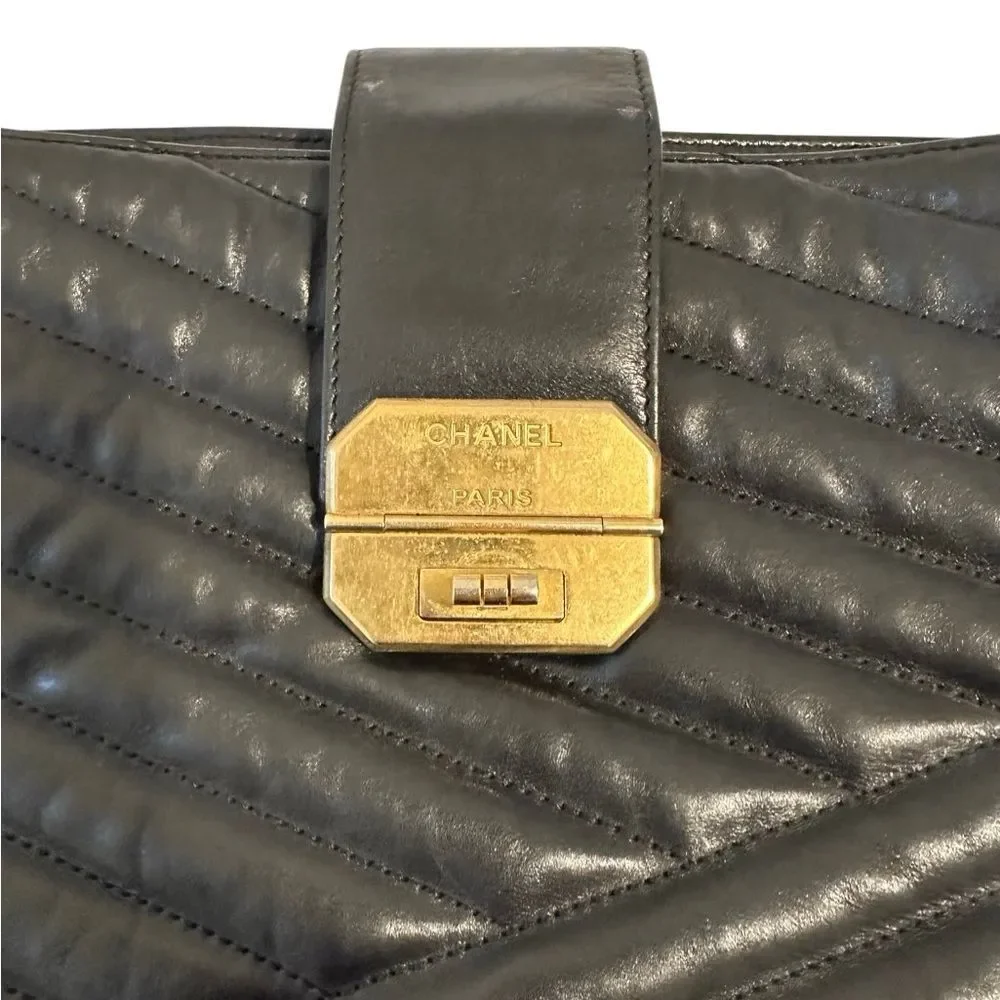 CHANEL Black Quilted Tote with Gold Chain